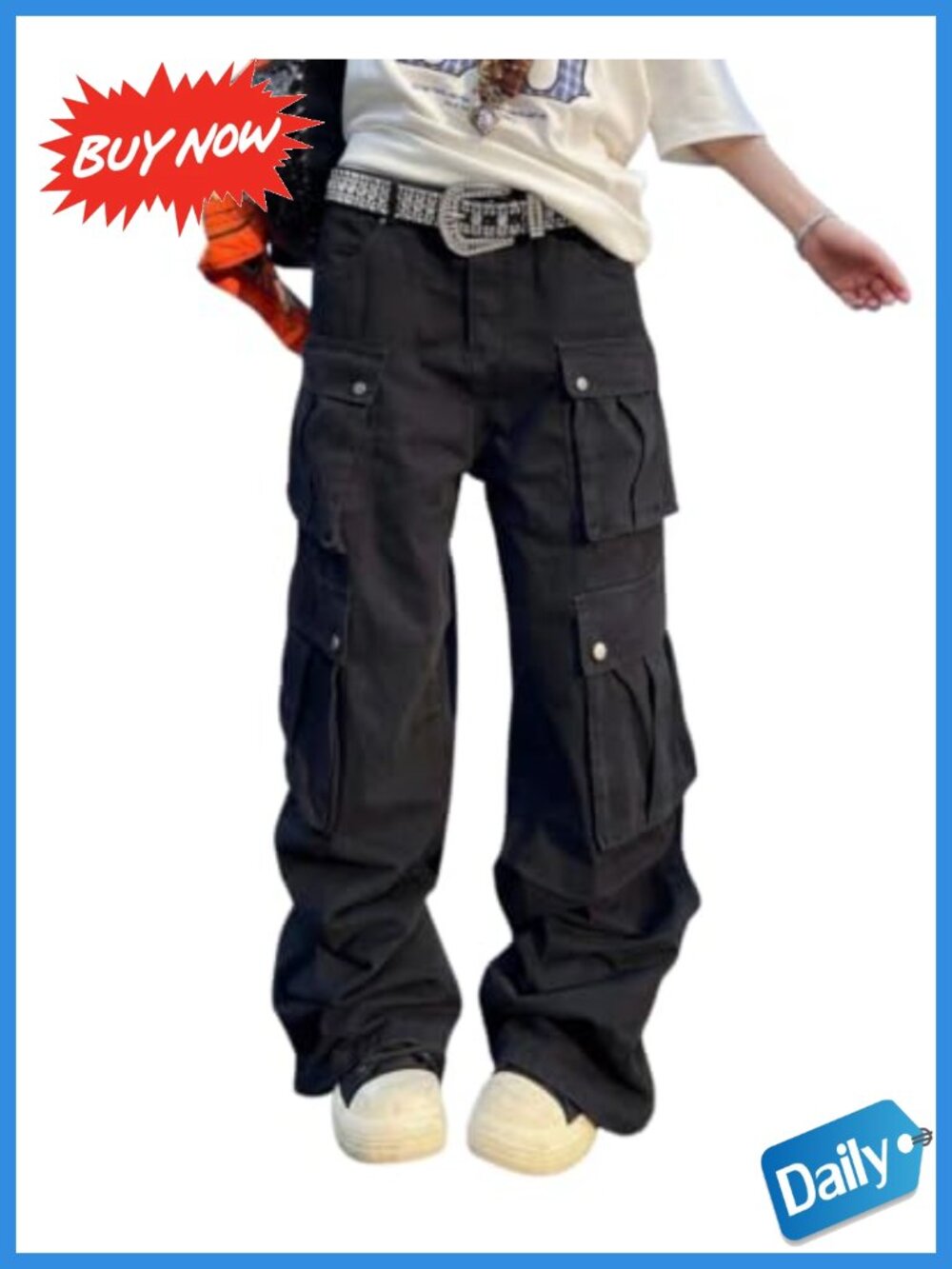 Womens Baggy Cargo Pants Wide Leg High Rise 8-Pocket Cotton Blend